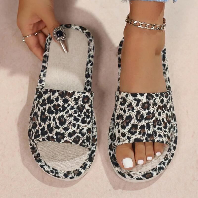 Home And Textiles - Linen Leopard Women's Slippers House Flats