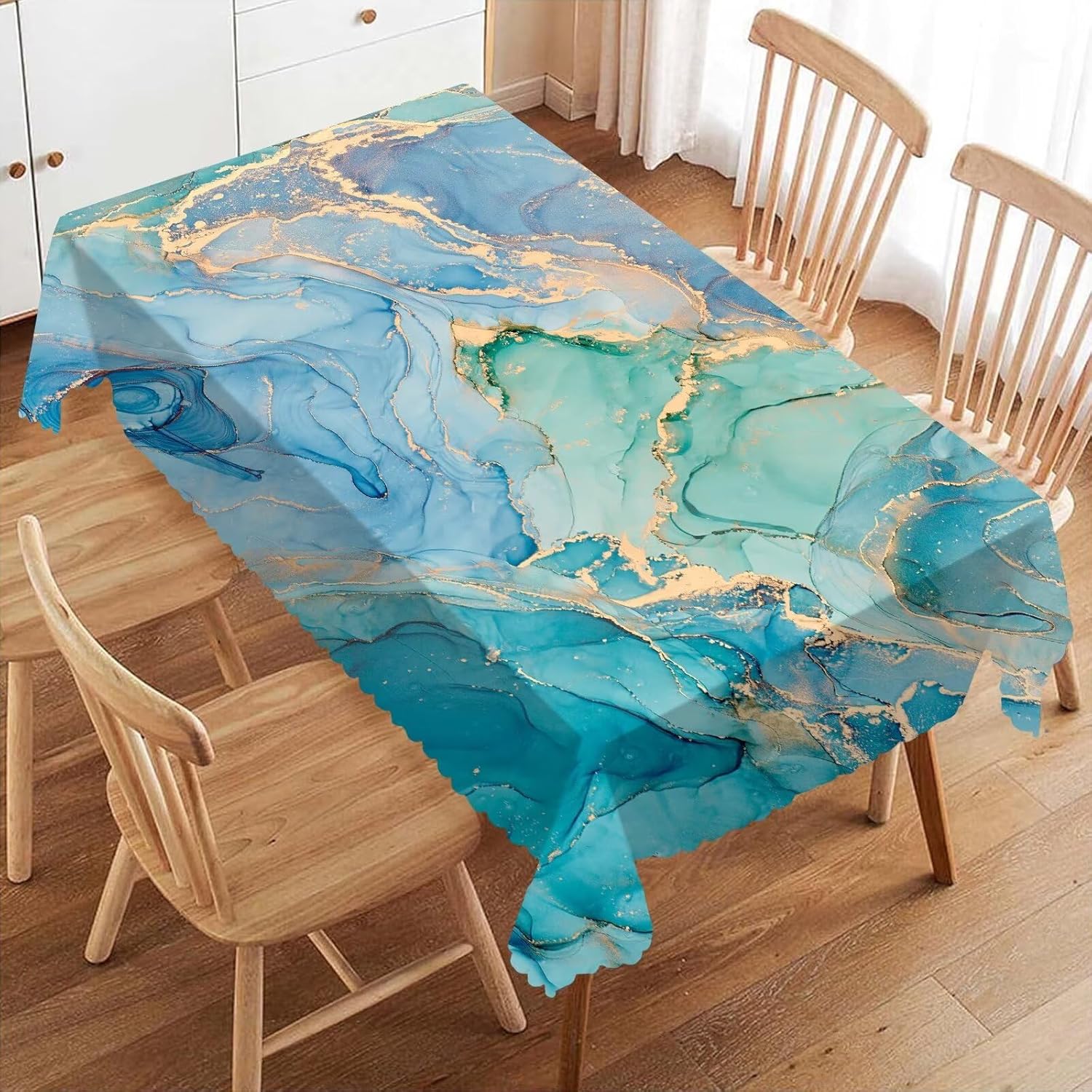 Home Textiles Premium - Luxury Teal Marble Fluid Tablecloth, Premium